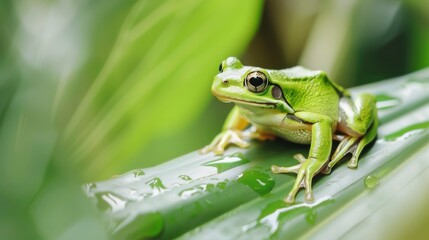 Fototapeta premium Nature’s Small Wildlife: Colorful Frogs/Toads, Leaf-Grass Backdrops & Macro Eye Closeups