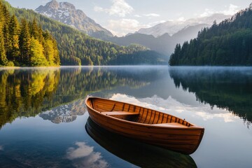 Obraz premium Wooden boat floats peacefully on calm lake surrounded by dense forest and towering mountains, with clear reflections and soft morning light creating serene atmosphere