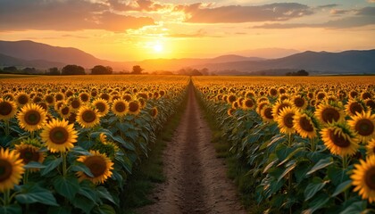 Fototapeta premium Dirt path leads to sunset over sunflower field. Farm landscape with mountains, dramatic cloudy orange sky. Scenic rural summer nature. Agriculture, travel concept. Tranquility, peace, inspiration