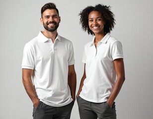 Two models, man, woman, stand side by side. Wear white polo shirts against simple gray background, smile confidently. Mockup for apparel branding presentation, uniform design, diversity, casual