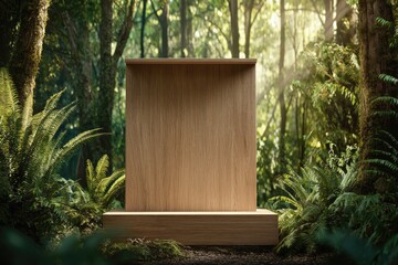 Large Product Ad Podium Oversized wooden empty podium in a lush forest sunlight filtering through trees natural and organic product display