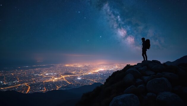 Hiker silhouette with backpack stands on mountain top enjoying night city lights under starry sky, milky way. Stunning cityscape view with vibrant stars, calmness, adventure lifestyle. - Powered by Adobe