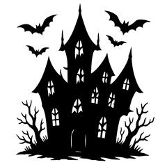 Black and white illustration of a haunted house with bats flying around