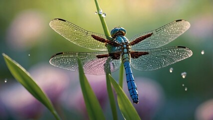 A vibrant blue dragonfly perched on a green blade of grass with soft blurred flowers in the background