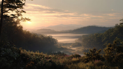 Fototapeta premium Serene landscape at sunrise with rolling hills, mist hovering over a lush valley, vibrant plants in the foreground, and a tranquil atmosphere enveloping the scene.