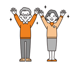 笑ってバンザイする、シニア世代のお年寄り夫婦のシンプルな全身ベクターイラスト素材
