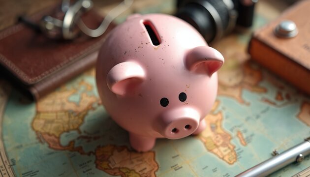 Pink piggy bank on world map surrounded by travel accessories. Planning vacation, saving money for journey, budget trip. Travel budget, adventure concept, explore new destinations, save cash,