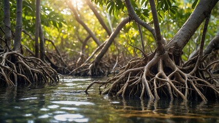 Serene mangrove forest with intricate roots submerged in water, sunlight filtering through leaves