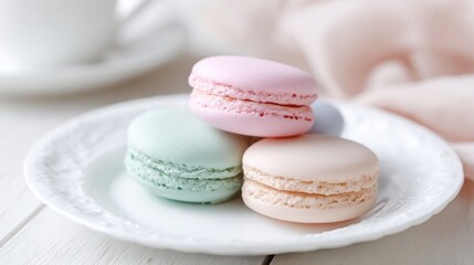 Fototapeta premium french macaron close up, pastel colors, delicate texture, elegant white plate, minimalistic background, soft lighting