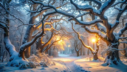 Obraz premium Ancient tree branches illuminated by soft ethereal light in a snow-covered forest