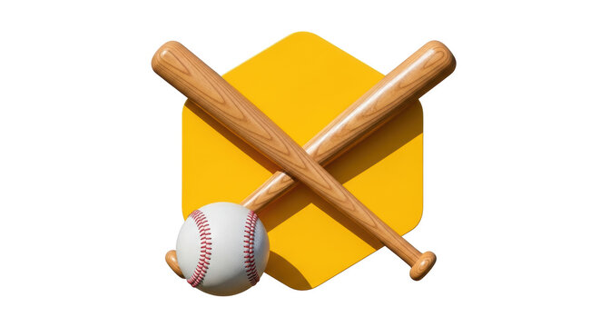 Isolated image of two baseball bats crossed behind a ball against a yellow rounded hexagon