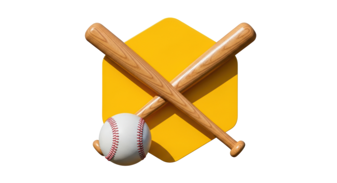 Isolated image of two baseball bats crossed behind a ball against a yellow rounded hexagon