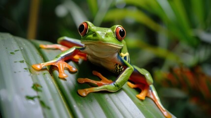 Fototapeta premium Nature’s Small Wildlife: Colorful Frogs/Toads, Leaf-Grass Backdrops & Macro Eye Closeups