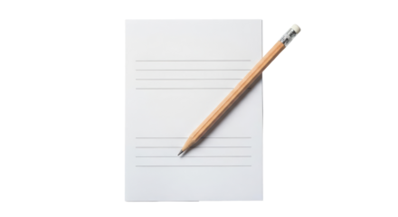 Isolated blank lined notepad with an eraser-tipped wooden pencil placed on top of it