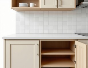 Modern Minimalist Kitchen with Open Shelves and White Tiles