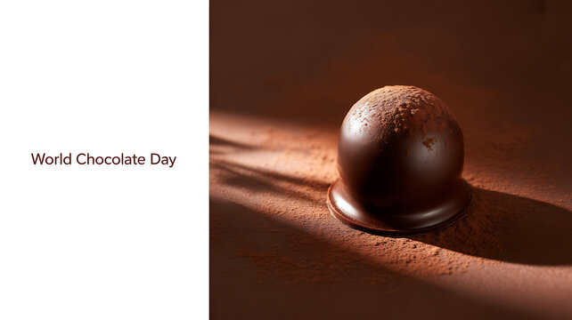 A single chocolate truffle rests on a cocoa-dusted surface, illuminated by warm light, celebrating World Chocolate Day.