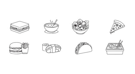 Collection of delicious fast food and meal icons in a clean silhouette style