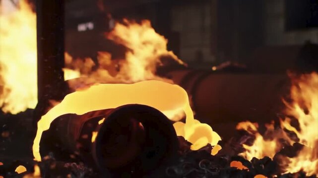 Molten metal pouring onto black object in fiery industrial process. Suitable for industrial, manufacturing, or engineering concepts.