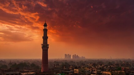 Obraz premium Dramatic Sunset Over Dense Cityscape with Minaret Silhouette