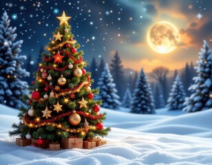Obraz premium Festive Christmas Tree with Ornaments Under Moonlit Winter Sky