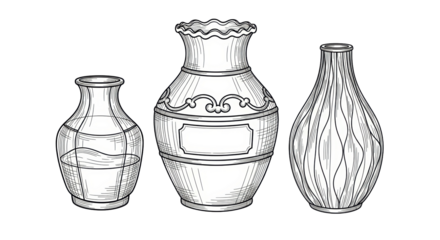 Isolated set of three vases outline vector illustration in black and white artistic design