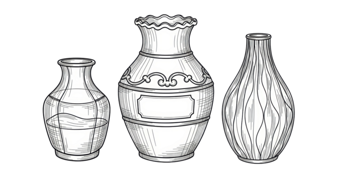 Isolated set of three vases outline vector illustration in black and white artistic design