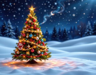 Obraz premium Beautiful Christmas Tree Adorned with Ornaments in Winter Wonderland