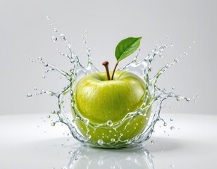 Fresh Green Apple Splashing into Water with Droplets and Leaves