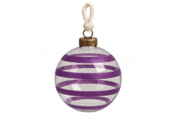Christmas glass bauble hanging with sparkling purple glitter stripes, festive holiday ornament decoration on transparent background
