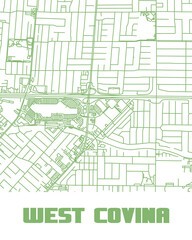 A minimalist line-art map of West Covina, California, featuring its streets and highways.