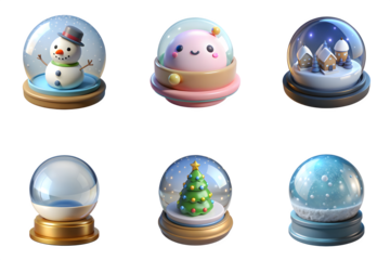 Collection of six decorative snow globes featuring winter scenes and cute characters isolated on transparent background
