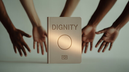 Hands reaching toward a book titled 'DIGNITY' with a minimalist design and symbolic emblem