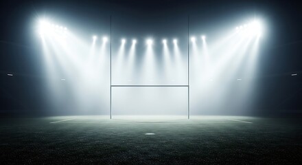 Dramatic night view of an illuminated rugby field with towering goalposts under powerful stadium lights, capturing the intensity and anticipation of a professional sports event