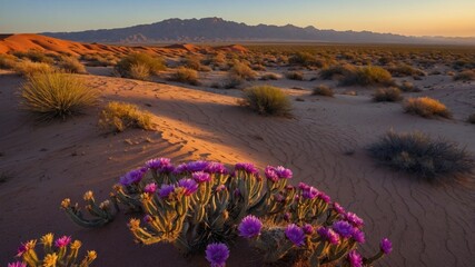 Vibrant desert landscape at sunset with blooming purple flowers in the foreground and mountains beyond
