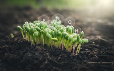 Tiny green sprouts emerging from dark soil with water droplets seedlings earth