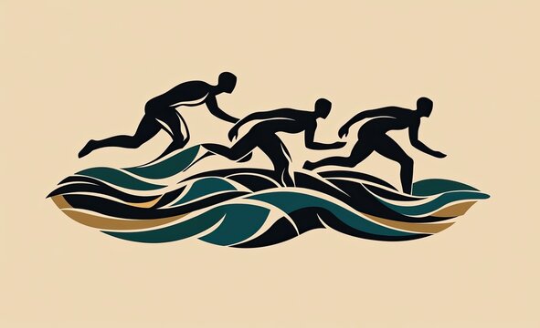 Silhouettes of three people running through waves