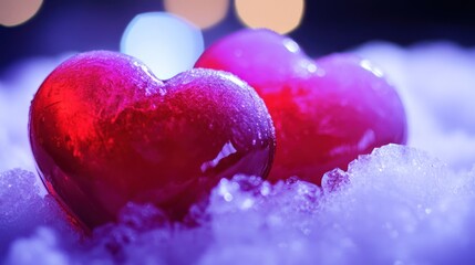 Two vibrant, translucent red hearts, nestled in a bed of icy snow, illuminated by a soft, out-of-focus light