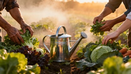 Farmers harvesting leafy greens with watering can in vegetable field at sunrise – Representation of community agriculture, resilience, and sustainable food systems, with symbolic mist and copy space.