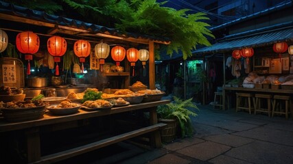 Night market scene featuring vibrant lanterns illuminating a variety of delicious street foods