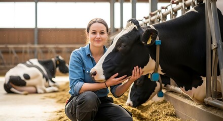 A young woman farmer affectionately petting a Holstein cow in a modern barn