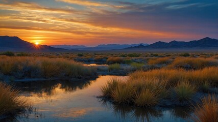 Obraz premium Serene sunset over a desert landscape with vibrant colors reflecting in a tranquil water pool