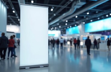 Foreground roll up banner blank mock up at blurry tech expo event. Space for text, image, logo. Modern trade fair or exhibition hall with visitors. Advertising stand banner design.