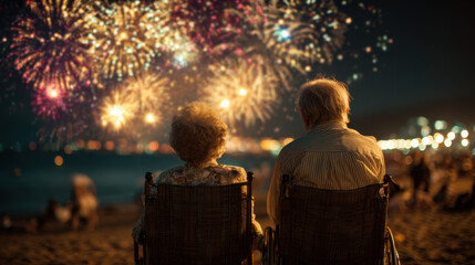 Elderly couple watching fireworks display from beach at night while sitting in chairs surrounded by festive atmosphere and city lights reflecting on water.