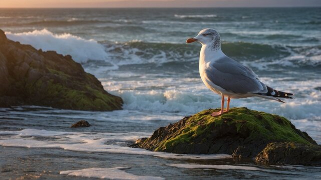 Seagull perched on a mossy rock by the ocean waves during sunset, capturing a serene coastal moment
