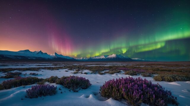 Stunning aurora borealis illuminates the snowy landscape, with vibrant colors over mountain peaks