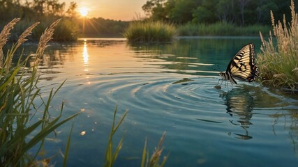 Fototapeta premium Serene sunset over a tranquil lake with a butterfly landing on the water's surface