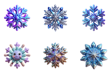 Six intricately detailed and colorful snowflakes displayed in a grid pattern isolated on transparent background