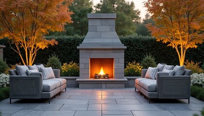 Fototapeta na wymiar Outdoor stone fireplace, seating area with sofa. Backyard patio with stone pavers. Garden landscaping, autumn colors, fall season. Cozy, relaxing design. Modern, luxury home exterior. Warm fire.