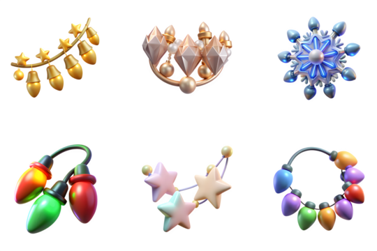 Collection of six festive christmas ornaments including a snowflake star garland and string lights isolated on transparent background
