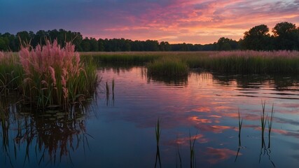 Serene sunset over a tranquil lake surrounded by lush vegetation and vibrant pink grasses reflecting in water